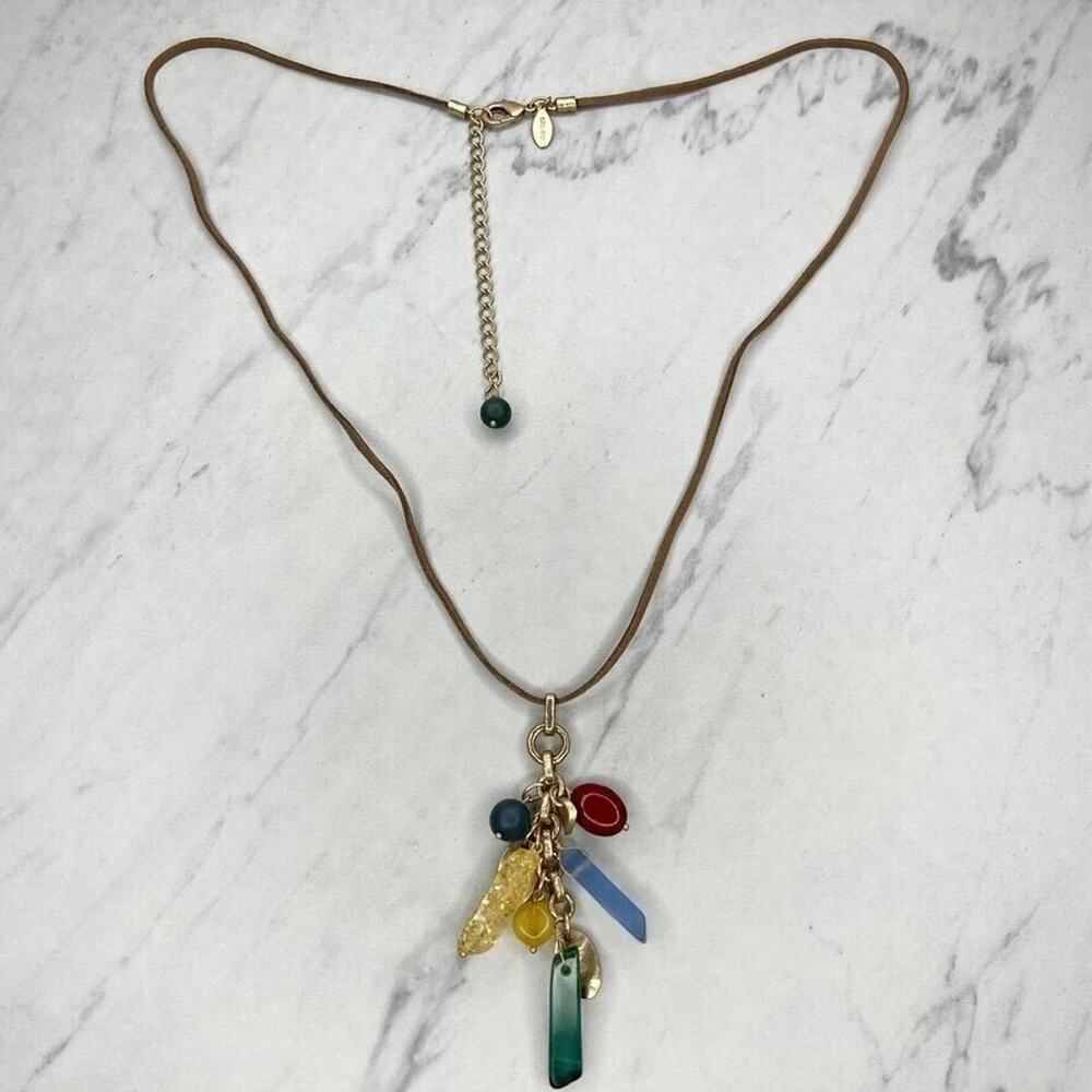 Chico's Brown Cord Gold Colorful Beaded Pendant Boho Necklace ✨